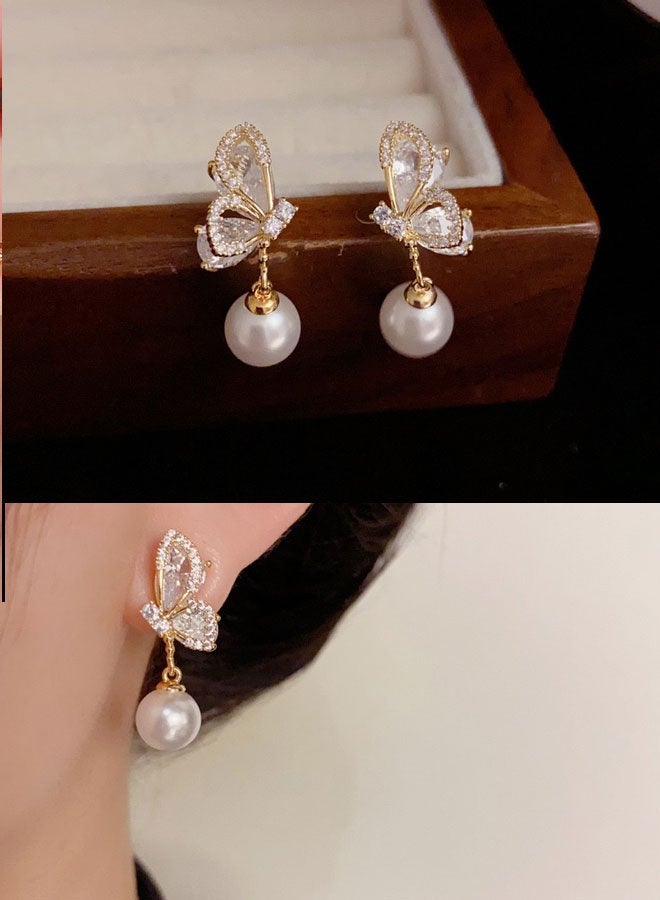 Women's Gold-Plated Butterfly Drop Earrings, Pearl & Zircon Statement Earrings for Ladies, Ideal for Daily & Festive Wear in Middle East - Image 1