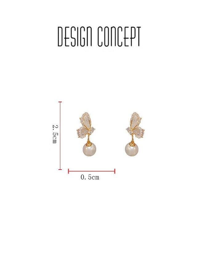 Women's Gold-Plated Butterfly Drop Earrings, Pearl & Zircon Statement Earrings for Ladies, Ideal for Daily & Festive Wear in Middle East - Image 5
