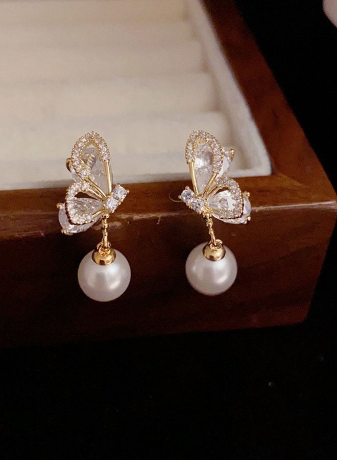 Women's Gold-Plated Butterfly Drop Earrings, Pearl & Zircon Statement Earrings for Ladies, Ideal for Daily & Festive Wear in Middle East - Image 3