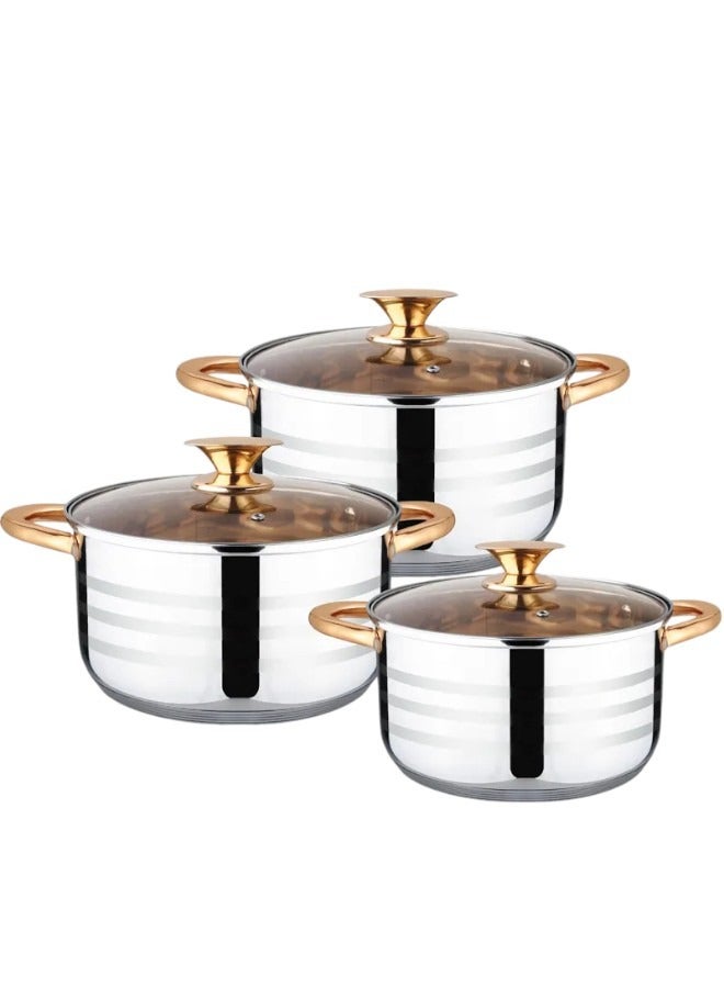 YOLO Stainless Steel 6 Piece Cookware Set with Glass Lid and 5 Layers of Bottom-Size 6.1 Liters, 7.6Liters and 9.5 Liters - Image 1