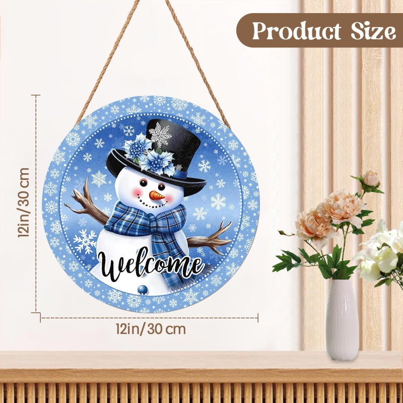 Harooni Welcome Winter Snowman Blue Sign For Front Door Christmas Snowflake Wood Door Hanger 12""X12"" Holiday Welcome Decorations Rustic Wreath Wall Hanging Decorative For Home Wall Porch Yard Garden - Image 2