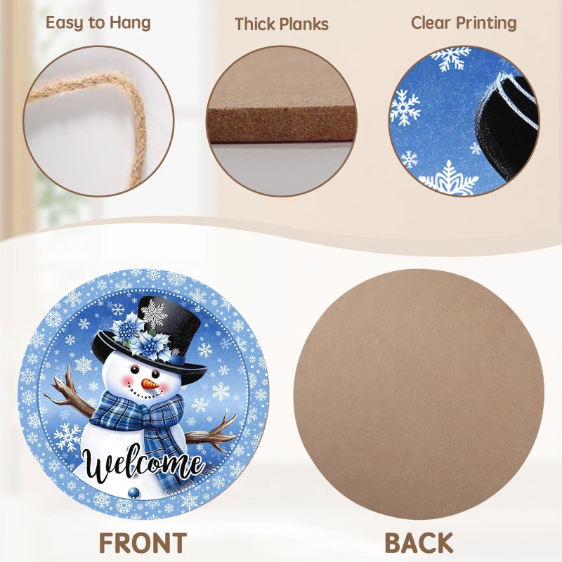 Harooni Welcome Winter Snowman Blue Sign For Front Door Christmas Snowflake Wood Door Hanger 12""X12"" Holiday Welcome Decorations Rustic Wreath Wall Hanging Decorative For Home Wall Porch Yard Garden - Image 3