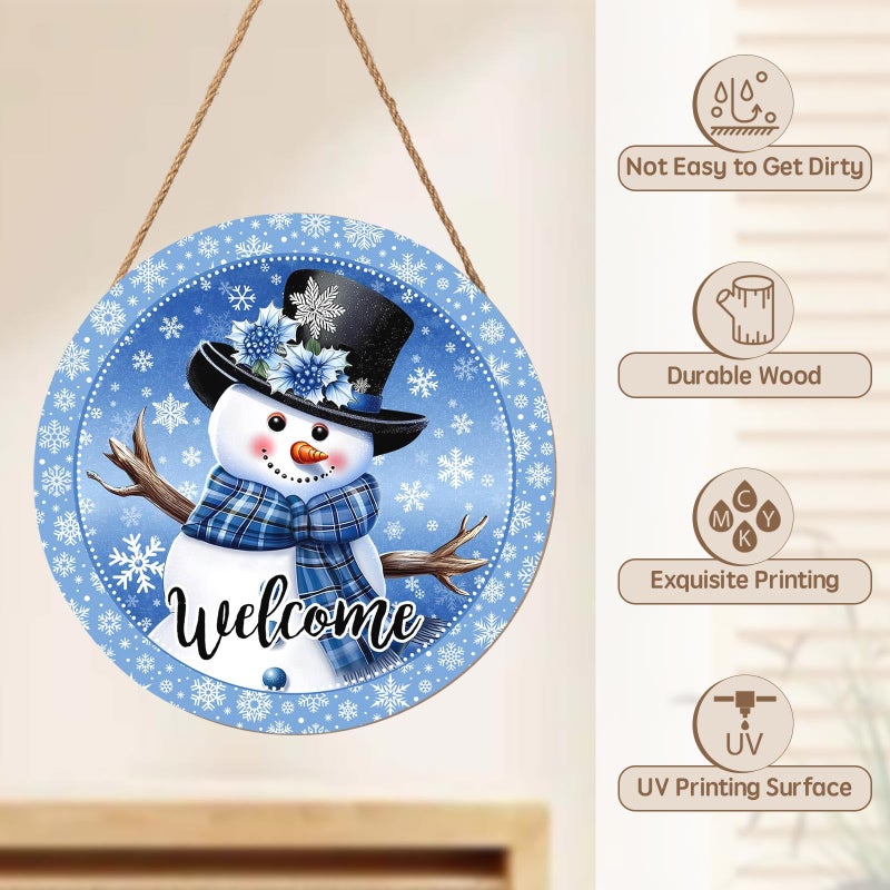 Harooni Welcome Winter Snowman Blue Sign For Front Door Christmas Snowflake Wood Door Hanger 12""X12"" Holiday Welcome Decorations Rustic Wreath Wall Hanging Decorative For Home Wall Porch Yard Garden - Image 4