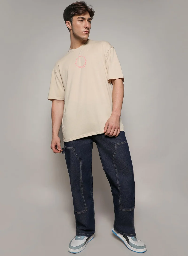 Campus Sutra Campus Sutra Men's Pale Yellow Printed Oversized Basic T-Shirt