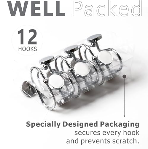 Popkozzi Chrome Shower Curtain Hooks Rings: 12 Pcs Silver Round Button Design Heavy Metal Shower Curtain Rings for Bathroom - Modern Simple Decorative Shower Curtain Hangers for Shower Rod - Set of 12 - Image 4