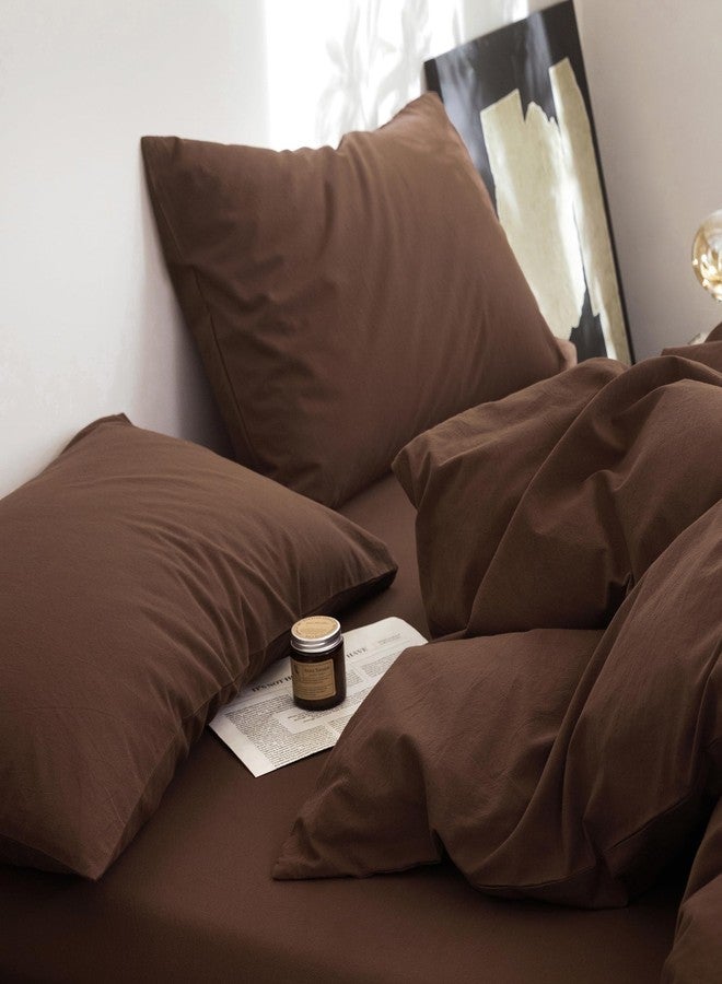 FOSSA 100% Washed Cotton Pillowcases Set of 2 Linen Feel Super Soft Breathable Cozy Pillow Covers with Envelope Closure Solid Cocoa Brown Standard - Image 3