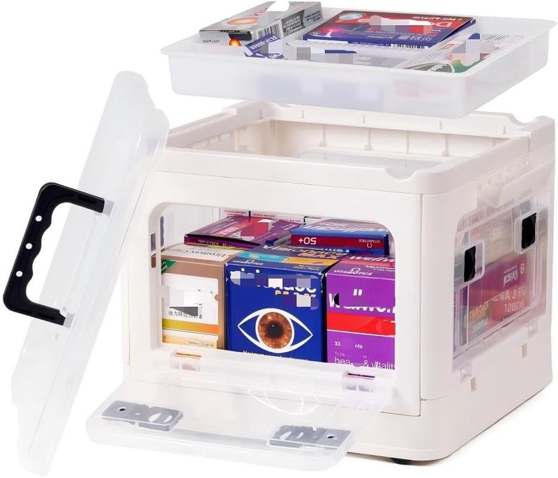 HEY FOLY 22qt Medicine Organizer Storage Box with 4-Side Opening Doors, 2 Tier Foldable Medication Organizer Empty, White Medicine Container Case Stackable First Aid Box for Home Medical Supply Storage - Image 1