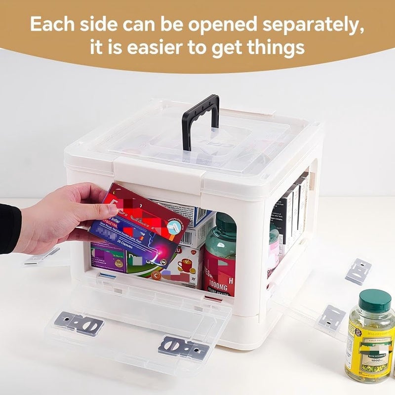 HEY FOLY 22qt Medicine Organizer Storage Box with 4-Side Opening Doors, 2 Tier Foldable Medication Organizer Empty, White Medicine Container Case Stackable First Aid Box for Home Medical Supply Storage - Image 2