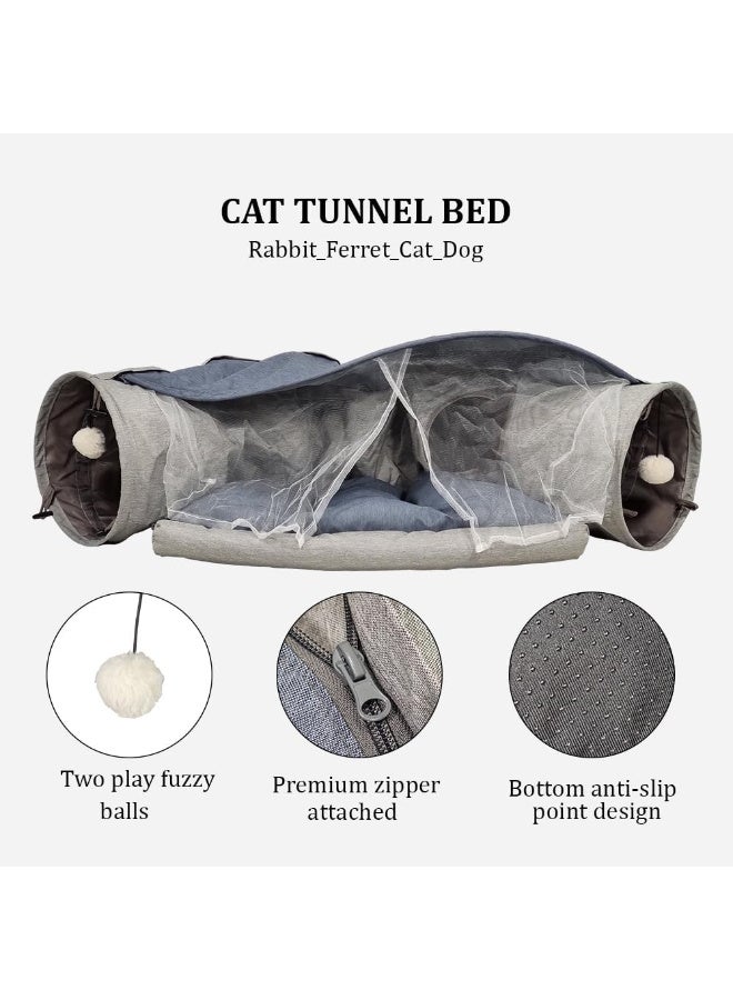 NNC PETS Cat tunnel bed cat shelter, with cushion mat and cat toy, 2 in 1 foldable and washable cat bed with an interactive tunnel, Peak hole hideout house for kittens 100 cm (Grey) - Image 3
