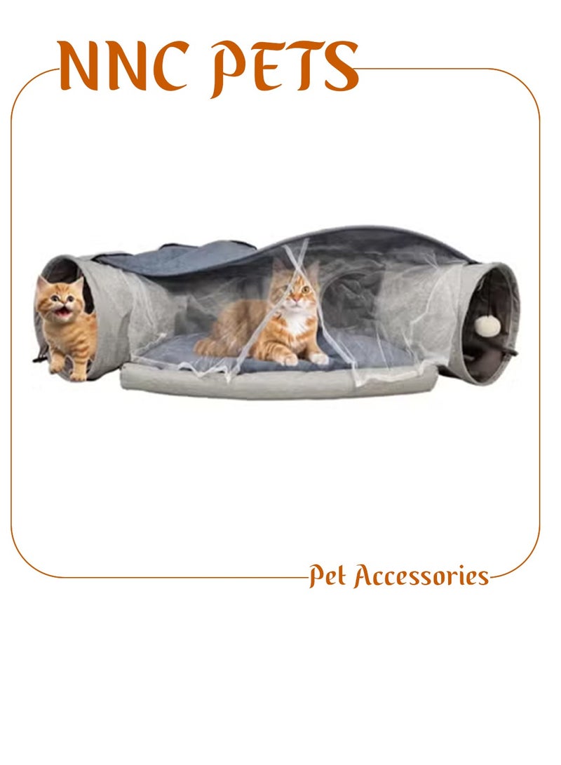 NNC PETS Cat tunnel bed cat shelter, with cushion mat and cat toy, 2 in 1 foldable and washable cat bed with an interactive tunnel, Peak hole hideout house for kittens 100 cm (Grey) - Image 1
