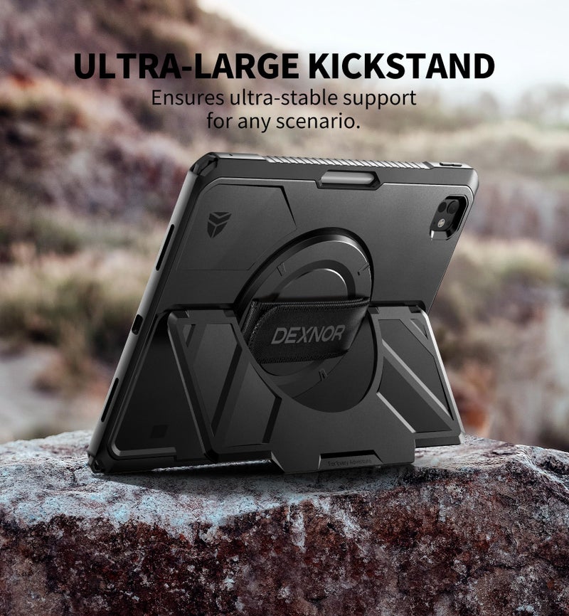 Dexnor for iPad Pro 13 inch Case M4 2024, Rugged Protective Case with 360Â° Rotating Hand Strap & Large Steady Stand & Screen Protector & Pencil Holder Shockproof Full-Body Bumper Cover,Black - Image 3
