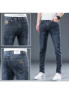 Xintang Jeans Mens Letters Print Trendy Brand Casual Pants Mens Four Seasons Versatile Slim fit Small Straight Pants Men 5857 blue and gray