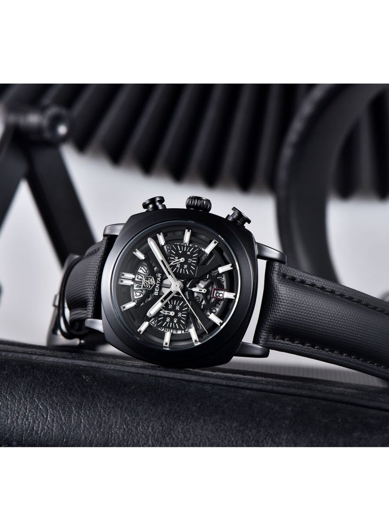 BENYAR Watches for Men Luxury Quartz Water Resistant Watch Men's Chronograph Genuine Leather Strap 5205 Black - Image 4