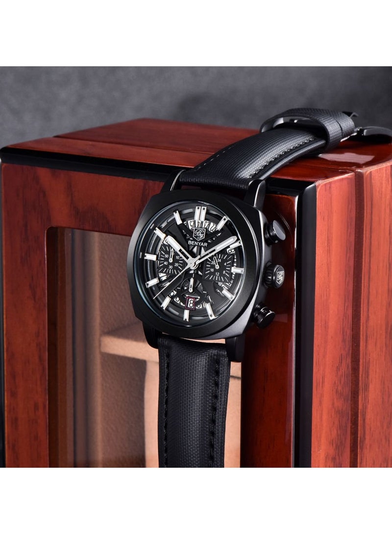 BENYAR Watches for Men Luxury Quartz Water Resistant Watch Men's Chronograph Genuine Leather Strap 5205 Black - Image 5