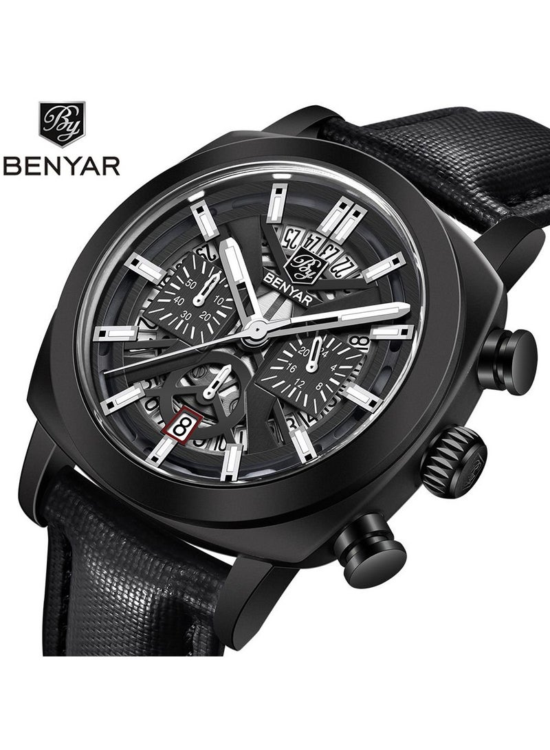 BENYAR Watches for Men Luxury Quartz Water Resistant Watch Men's Chronograph Genuine Leather Strap 5205 Black - Image 2