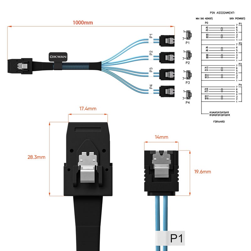 OIKWAN كابل Mini SAS إلى 4 SATA، 36 دبوس SFF 8087 مضيف/تحكم إلى 7 دبوس SATA هدف/لوحة خلفية، متوافق مع PERC H310، وحدة تحكم RAID (1م / 3.3 قدم) - Image 2