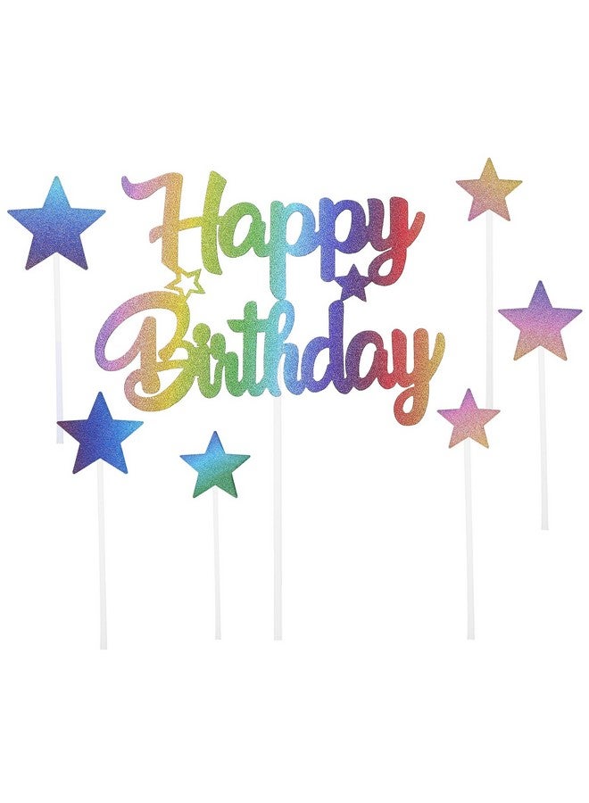 Grevosea 7 Pcs Glitter Happy Birthday Cake Toppers, Glitter Star Cake Topper Birthday Party Decoration Supplies Happy Birthday Cake Bunting Decor Colorful Photo Booth Props for Anniversary Birthday Party - Image 1