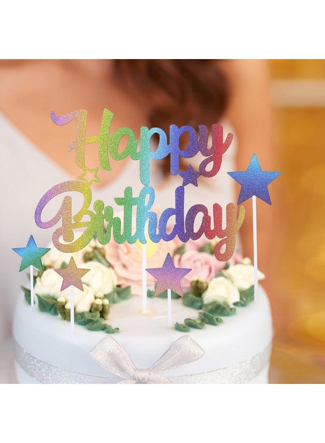 Grevosea 7 Pcs Glitter Happy Birthday Cake Toppers, Glitter Star Cake Topper Birthday Party Decoration Supplies Happy Birthday Cake Bunting Decor Colorful Photo Booth Props for Anniversary Birthday Party - Image 3