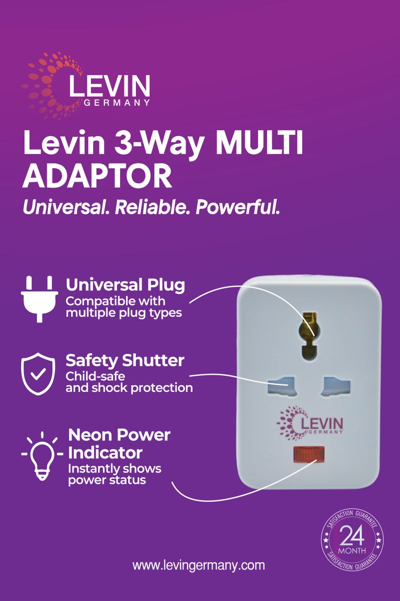 Levin Germany محول عالمي ثلاثي الاتجاهات | سعة 3250 واط | 13 أمبير مع fuse | مؤشر طاقة نيون | غطاء أمان | بناء بلاستيكي قوي | ضمان لمدة عامين - Image 2