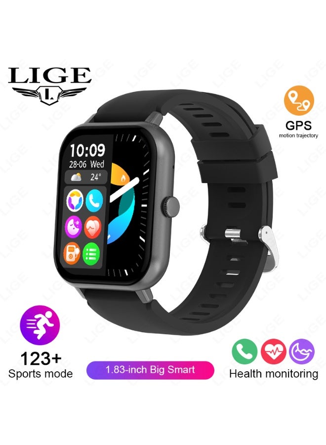 LIGE 1.82-inch Mens Square Black Strap Smartwatch, Multi-functional, Waterproof, Pedometer, Alarm clock, Wireless calling, Health monitoring, and Message Push Notifications.