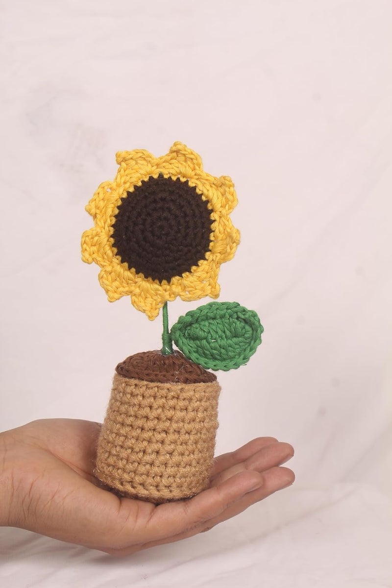 Kreatknit Kreatknit Handmade Crochet Sunflower Plant Pot Cover Set Decorative Knitted Planter with Flower Design Brown and Yellow 