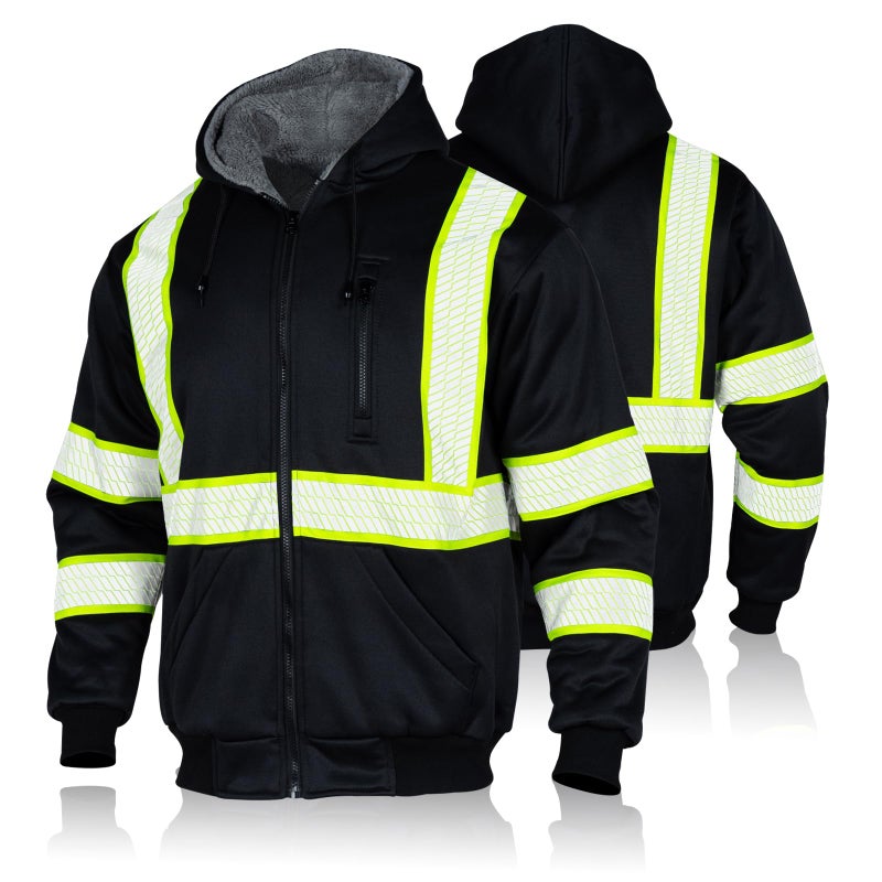 FONIRRA Men's High Visibility Safety ANSI Class 3 Lined Fleece Hoodie Sweatshirt with Black Bottom Jumper Workwear for Men(Black,XL) - Image 1