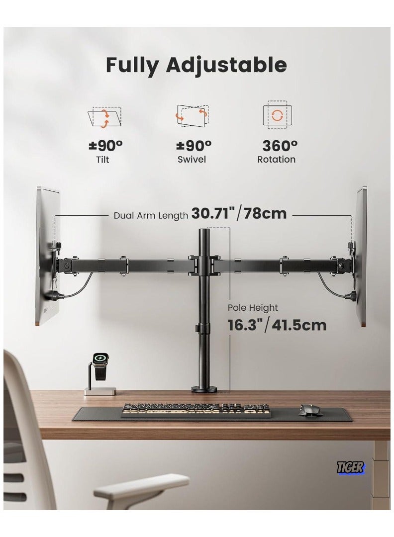 TIGER Dual Monitor Stand for 13 to 32 Inch Screens – Adjustable Monitor Arm Mount with Ergonomic Viewing Angle, Tilt ±45°, Swivel 180°, Rotate 360°, VESA 75/100mm  - Image 2