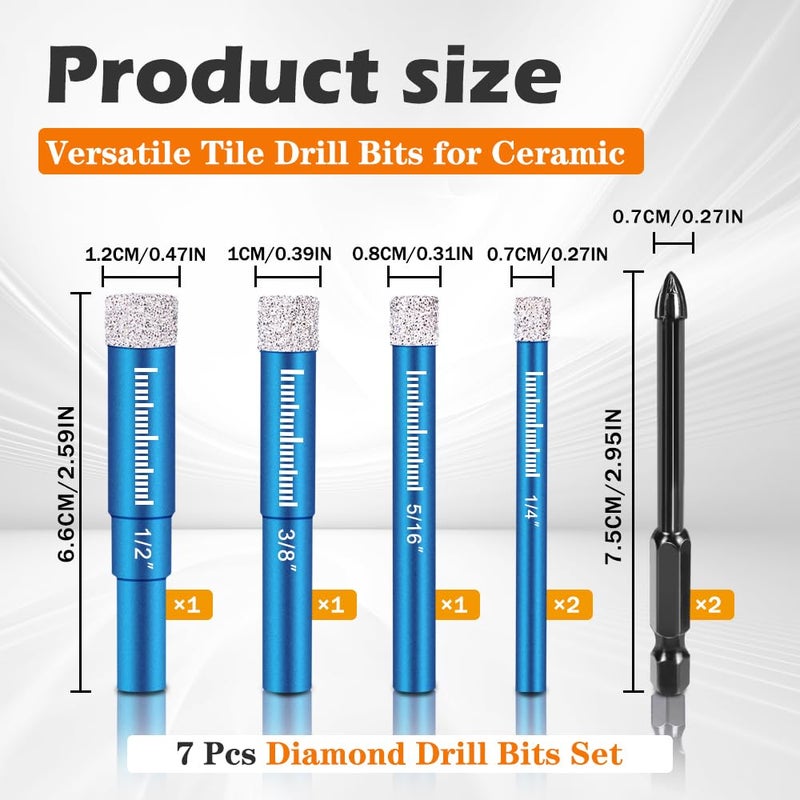 Samest 7 PCs Diamond Drill Bits Set, Versatile Tile Drill Bits for Ceramic Glass Porcelain Marble Granite, Blue Dry Diamond Drill Bit Set, Premium Fast Dry Drilling with Cooling Wax, Round Shank - Samest - Image 2