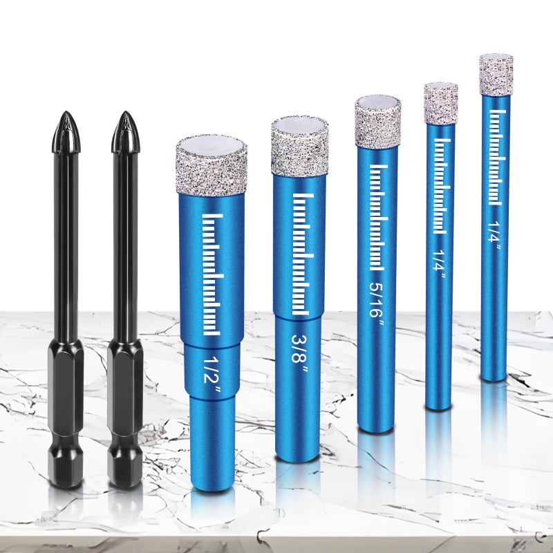 Samest 7 PCs Diamond Drill Bits Set, Versatile Tile Drill Bits for Ceramic Glass Porcelain Marble Granite, Blue Dry Diamond Drill Bit Set, Premium Fast Dry Drilling with Cooling Wax, Round Shank - Samest - Image 1