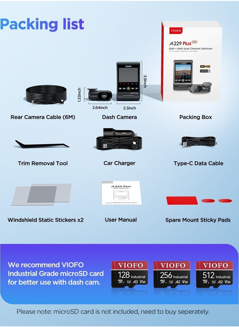 Viofo - VIOFO A229 Plus Dash Cam Front and Rear Dual STARVIS 2 Sensors 2 Channel HDR 1440P+1440P Voice Control Car Dash Camera 5GHz Wi-Fi Ultra-Precise GPS 24 Hours Parking Mode Support 512GB Max - Image 1