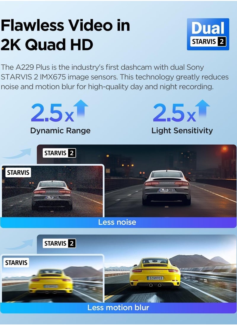 Viofo - VIOFO A229 Plus Dash Cam Front and Rear Dual STARVIS 2 Sensors 2 Channel HDR 1440P+1440P Voice Control Car Dash Camera 5GHz Wi-Fi Ultra-Precise GPS 24 Hours Parking Mode Support 512GB Max - Image 1