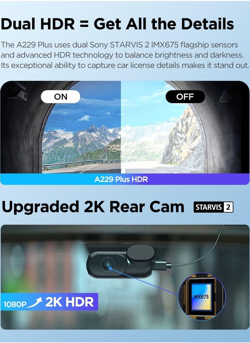Viofo - VIOFO A229 Plus Dash Cam Front and Rear Dual STARVIS 2 Sensors 2 Channel HDR 1440P+1440P Voice Control Car Dash Camera 5GHz Wi-Fi Ultra-Precise GPS 24 Hours Parking Mode Support 512GB Max - Image 1