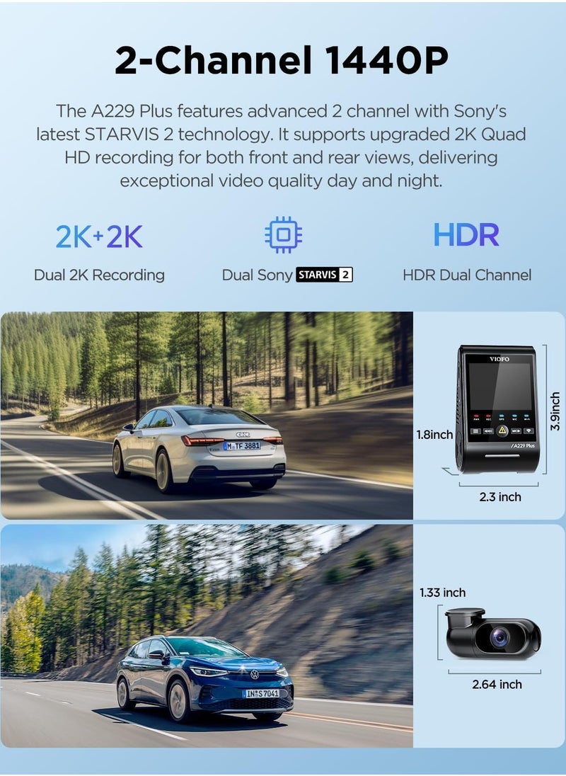 Viofo - VIOFO A229 Plus Dash Cam Front and Rear Dual STARVIS 2 Sensors 2 Channel HDR 1440P+1440P Voice Control Car Dash Camera 5GHz Wi-Fi Ultra-Precise GPS 24 Hours Parking Mode Support 512GB Max - Image 1