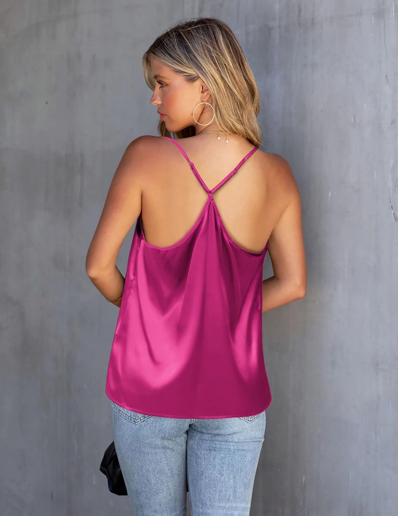 Ekouaer Silk Tank Top for Women Mesh V Neck Satin Camisole Silky Sleeveless Tank Cami Shirt Rose Red - Image 2