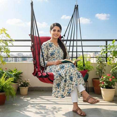 Patiofy Cotton Large Soft Leather Velvet Hammock Hanging Swing Chair, Jhula For Adults, Swing For Indoor/Outdoor, Home, Balcony & Garden, 200 Kgs Weight Capacity (Free Hanging Accessories- Red) - Image 1