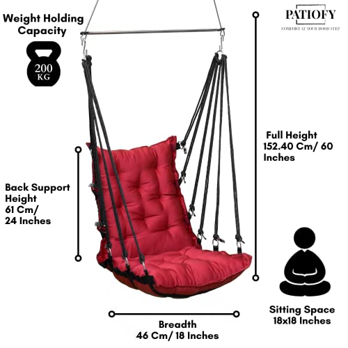 Patiofy Cotton Large Soft Leather Velvet Hammock Hanging Swing Chair, Jhula For Adults, Swing For Indoor/Outdoor, Home, Balcony & Garden, 200 Kgs Weight Capacity (Free Hanging Accessories- Red) - Image 3