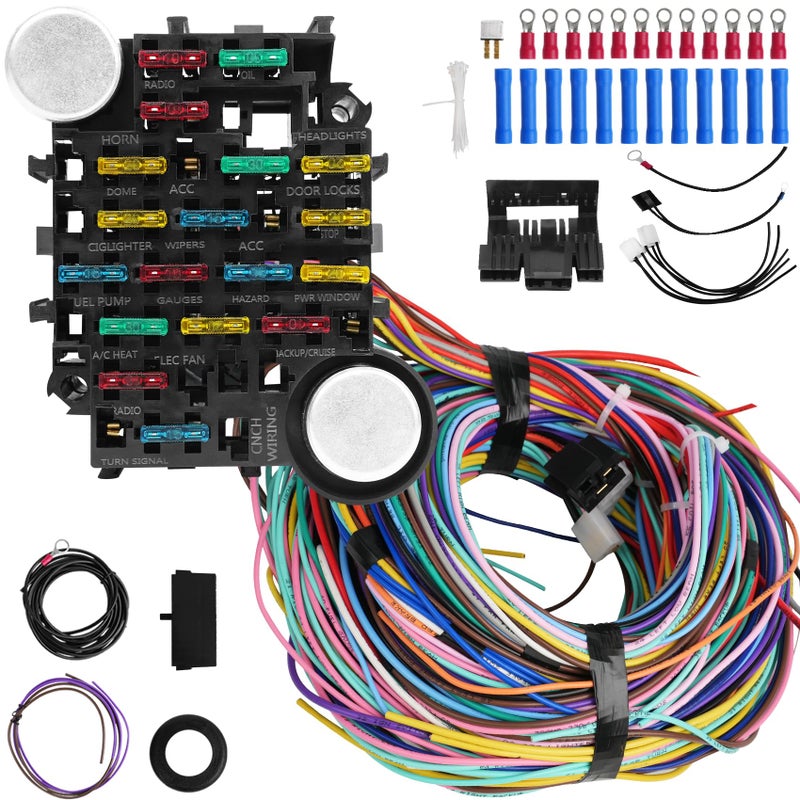Universal 21 Circuit Wiring Harness Kit 21 Circuit Wiring Harness Kit Universal Extra Long Wire 21 Circuit Wiring Harness Standard Color 17 Fuses for GM Chevy Chrysler Ford Mopar Hotrods Ratrods