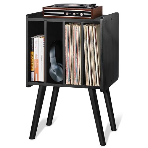 2BHOME Wooden LP Record Player Stand with 4 Cabinets, Holds up to 100 Vinyls, Metal Record Storage Holder and Organizer Table, Classical Design for Files/Book (Mid-Century Modern) - Image 1