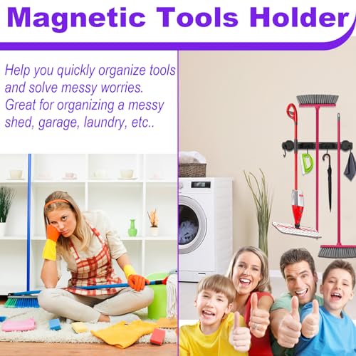 SKNOOY Magnetic Mop Broom Holder, Heavy Duty Magnetic Mop Hanger with Swivel Hooks for Cleaning Tools, Strong Magnet Mount Tool Hanger Organize System Utility Rack for Refrigerators Laundry Garage Kitchen - Image 2