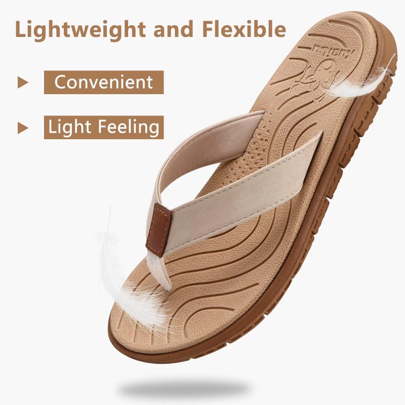 KuaiLu Casual Flip Flops for Women Comfortable Yoga Mat Arch Support Cushion Leather Slides Summer Beach Pool Outfits Flats Walking Thong Sandals Slip on Travel Essentials Orthotic Shoes Nude Size 9 - Image 4
