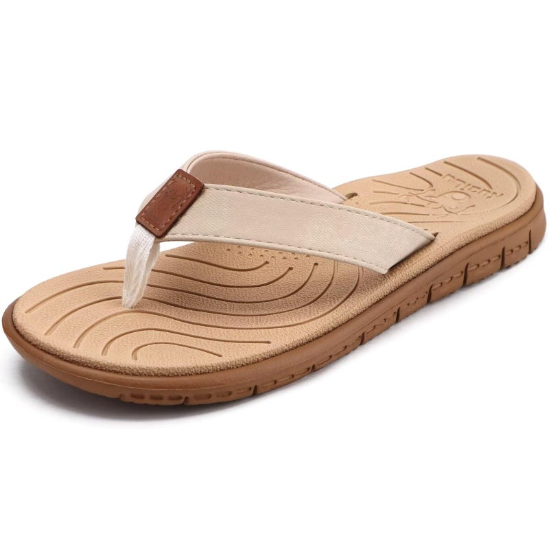 KuaiLu Casual Flip Flops for Women Comfortable Yoga Mat Arch Support Cushion Leather Slides Summer Beach Pool Outfits Flats Walking Thong Sandals Slip on Travel Essentials Orthotic Shoes Nude Size 9 - Image 1