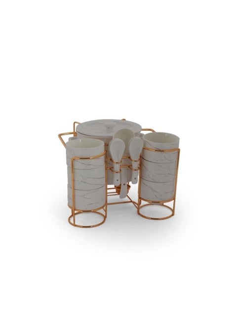 White Marble Porcelain Soup Set With Golden Stand 15 Pieces