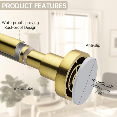 BRIOFOX Shower Curtain Rod Adjustable 18-78 Inch, Spring Tension Shower Rod No Drilling Non Slip, Brushed Gold - Image 2