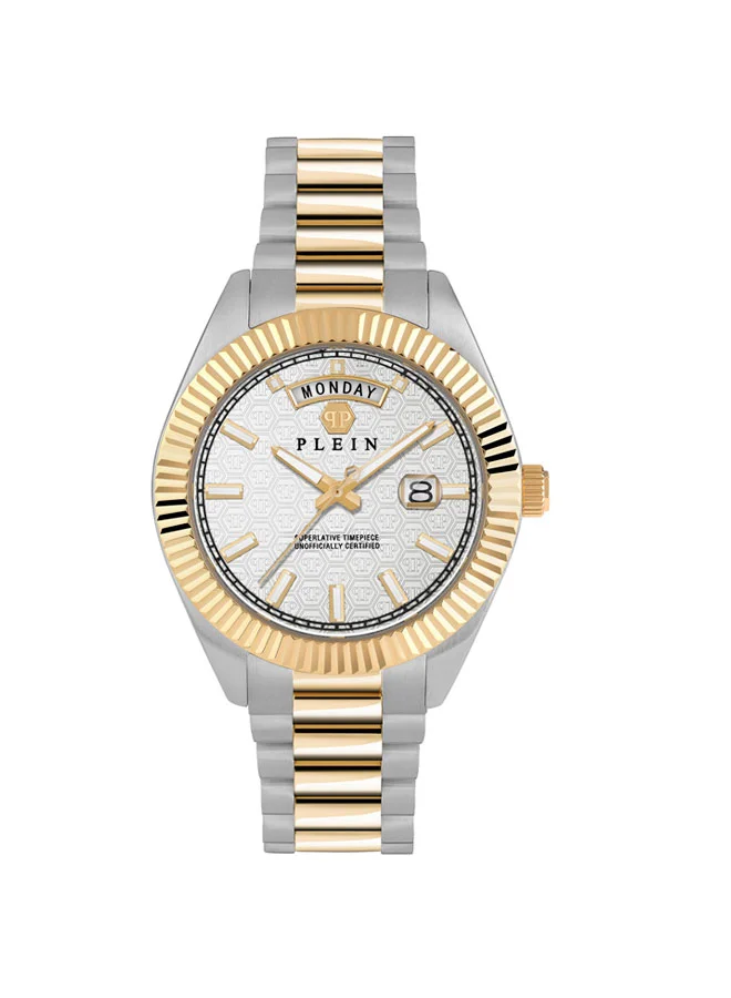 PHILIPP PLEIN Date Superlative Gent 42mm Men's Watch, White Honeycomb Dial, Fluted Bezel, Stainless Steel & Gold-Tone Bracelet
