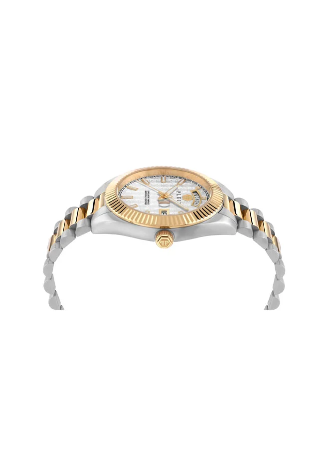 PHILIPP PLEIN Date Superlative Gent 42mm Men's Watch, White Honeycomb Dial, Fluted Bezel, Stainless Steel & Gold-Tone Bracelet