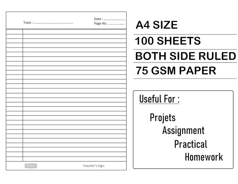 OFIXO A4 Size Both Side Ruled Sheet for Project/Practical/Homework (Pack of 100 sheets) (Model Number: OFX_RULD100) - Image 3