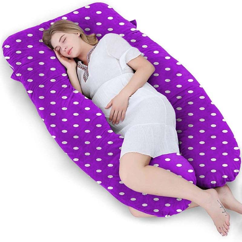 DADDY COOL Comfortable UShaped Dot Print Velvet Pregnancy Pillow Maternity Pillow for Pregnant Women Pain Relief Back Hip and Stomach Pillow with Zippered Pillow Cover Purple - Image 1