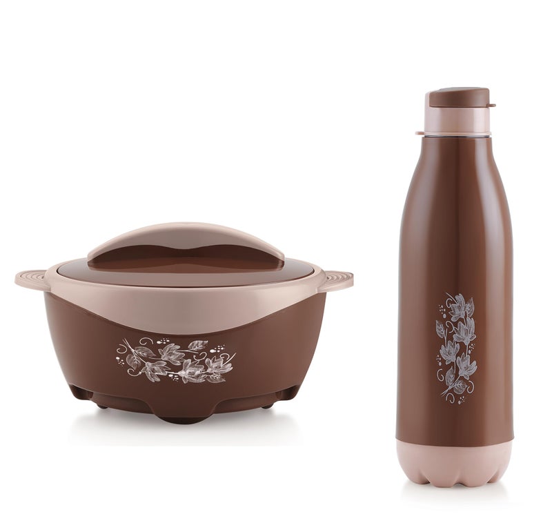 LIZA Domina 2PC Casserole andBottle Set Round PU Insulated Inner Stainless Steel | Gift Set | 1500ml Casserole with Lid & Knob and 540ml Water Bottle | BPA Free | Confident Grip Handle | (BROWN) - Image 1