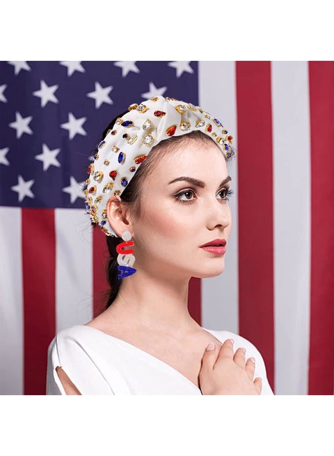 NVENF (A-Flag Color) - 4th of July Headbands Crystal Knotted Headbands for Women, Beaded Jewelled Headbands, Wide Top Knot Headbands Summer Headpieces, Fashion Headband (A-Flag Colour) - Image 2