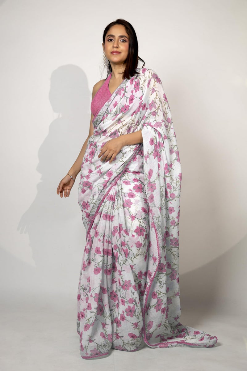 MIRCHI FASHION Saree for Woman Cotton Blend Floral Printed | Traditional Ethnic Sari for Farewell and Occasional Wear with Blouse Piece (White, Light Pink, Olive Green) - Image 2